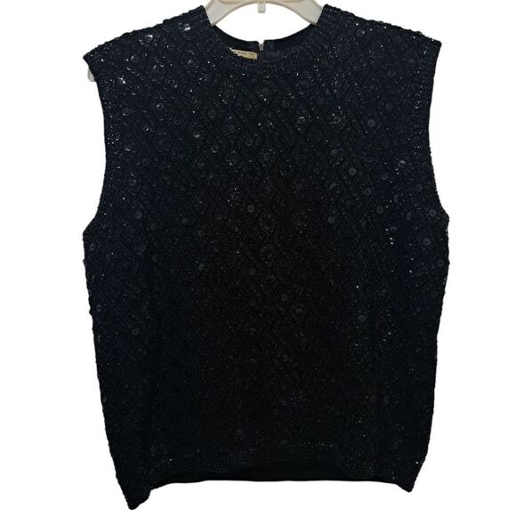 Vintage Cyn Les Wool Hand Beaded Sequin Sleeveless Top Size 40 Black - Picture 3 of 17